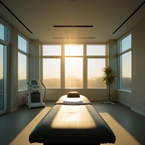 Modern wellness szoba masszázságyával, nagy ablakokkal, napfénnyel áradva, és fitness eszközökkel a háttérben.