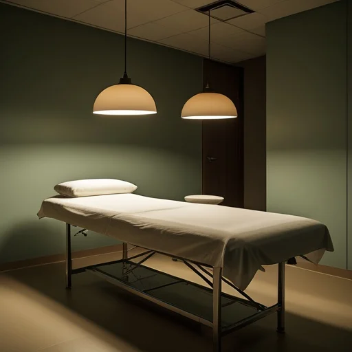Orvosi rendelő vagy wellness szoba zöld falakkal, ahol pácienságy áll két függőlámpa alatt, valamint egy fehér párnával és takaróval.