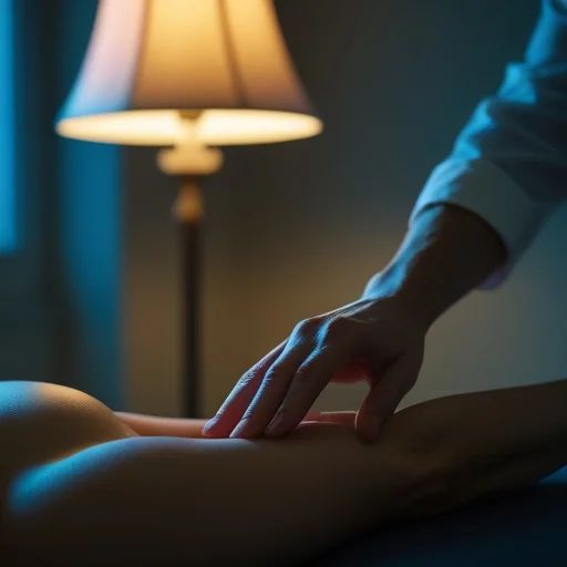 Masszőr kezével masszírozza a kliens vállát a lámpafény alatt megvilágított, sötét szobában.