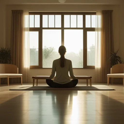 Nő meditál egy világos, minimál stílusú szobában nagy ablakokkal és természetes fénnyel nappali közben.