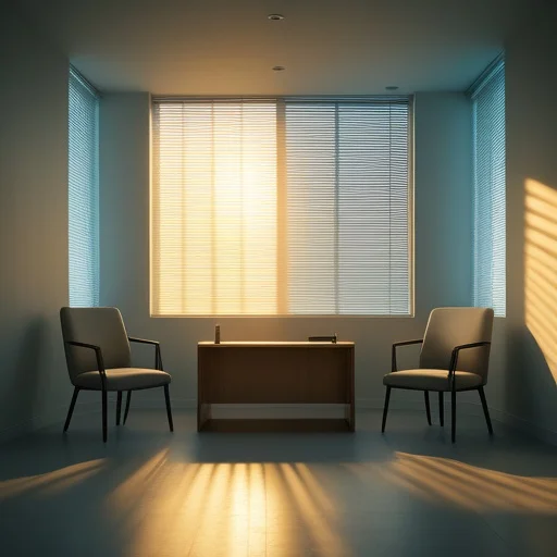 Világos, minimalist szoba két szürke fotelszékkel és egy sötét asztalka között, nagyméretű ablakokkal és természetes fénnyel.