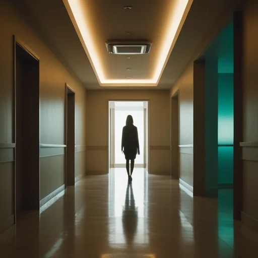 Silhouettázott nő sétál egy modern folyosón, melynek mennyezete világító lécsávokkal, oldalt pedig sötét és türkiz ajtók szegélyezik.
