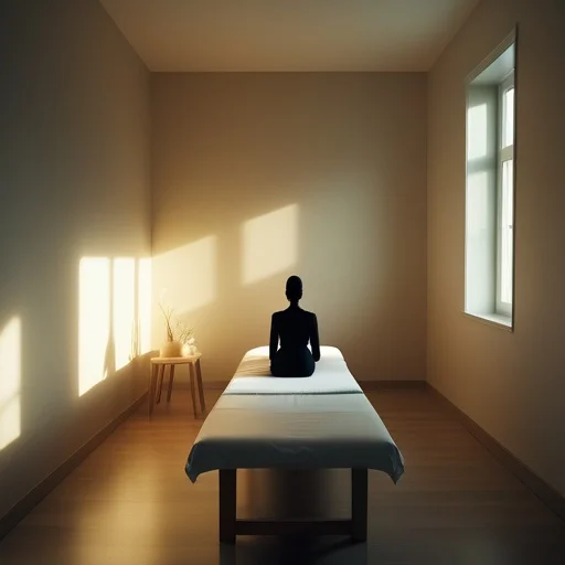 Sötét ruhában öltözött személy meditál egy fehér ágyon világos, minimalist szobában, ahol napfény szűrődik be az ablakokból.