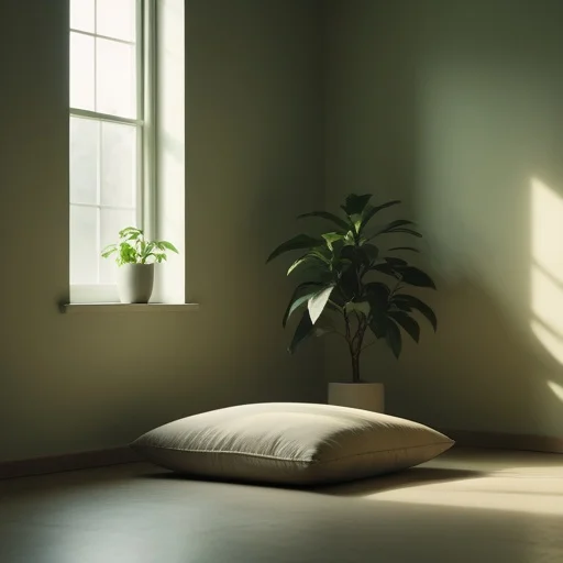 Világos, minimalist szoba fehér párnával a földön, zöld falakon ablakban és két növénnyel, napfénnyel árasztva.