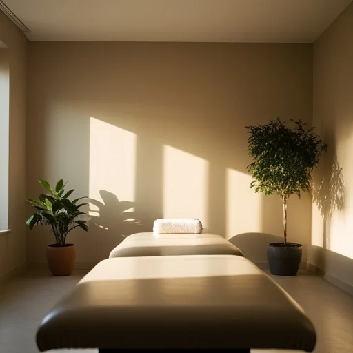 Minimalist wellness szoba masszázsággyal, növényekkel és természetes fénnyel áramló ablakokkal.