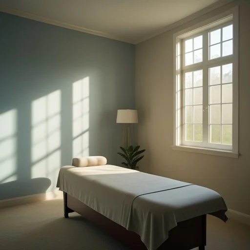 Minimalist masszázságy fehér lepedővel, izzó ablakfénnyel megvilágított szürke szobában, párnákkal és kis zöld növénnyel.