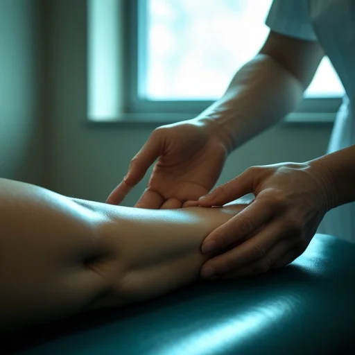 Terapeuta kéztörléseket végez egy páciens karján világos, minimalistikus klinikai környezetben.