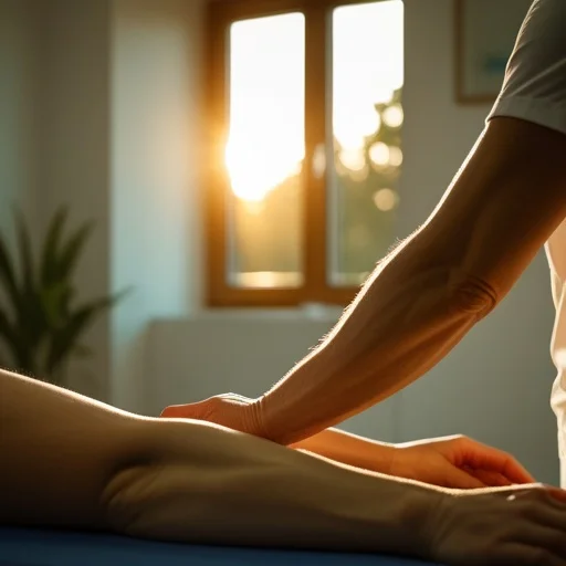 Terapeuta masszíroz egy kliens lábát napfényes szobában, ahol a napsugarak az ajtón keresztül besütnek.