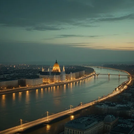 Budapesti Parlament és a Duna folyó megvilágított éjszakai panorámája összefonódó hidakkal és város fényeivel.