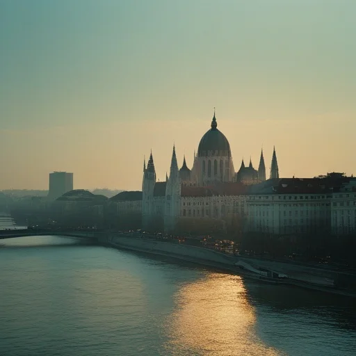 Budapest Parlament épülete a Dunával napnyugtakor, aranyló fénnyel megvilágítva.