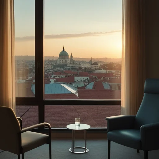 Szállodai szoba panorámaablakából látható напольный templom kupolája a vörös tetővel borított város felett naplementekor.