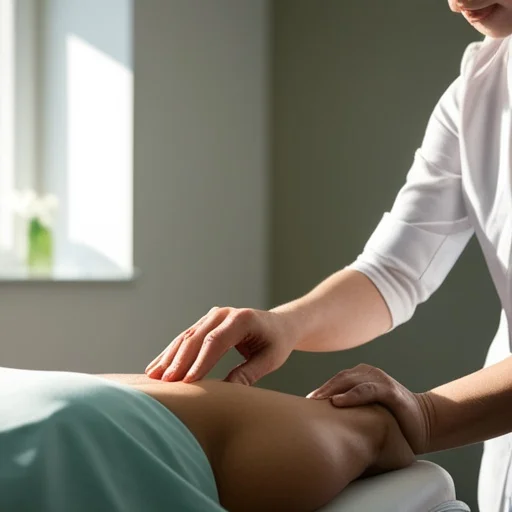 Fehér köpenyt viselő terapeuta masszázst végez egy beteg lábán világos, természetes fénnyel megvilágított orvosi szobában.