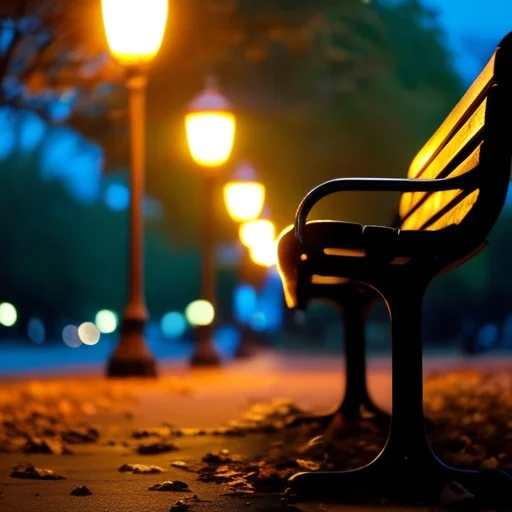 Közpark padja az esti fényben,街lámpa mellett, ahol a természetes és mesterséges fény találkozik az alkonyatban.