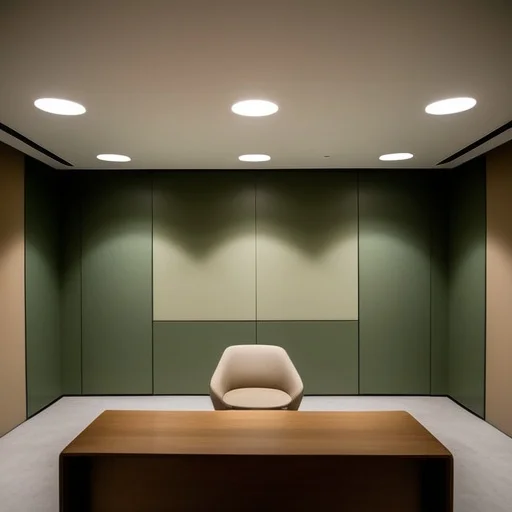 Modern irodai meeting szoba zöld falakkal, fa íróasztallal, bézs irodai székkel és beépített mennyezeti világítással.