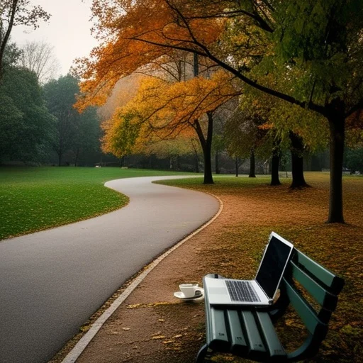 Zöld pázsit mellett futó ösvény által keretezett őszi park, ahol egy zöld padon laptop és kávé áll, sárga és zöld lombú fák között.