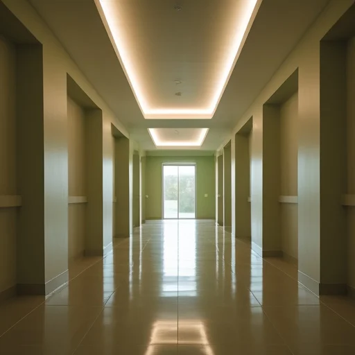 Hosszú, modern folyosó függőleges neoncsíkokkal világított mennyezettel, középen nyílászáró és polírozott padló.