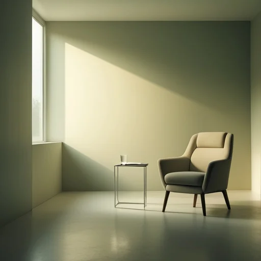Minimalistikus szoba természetes fénnyel, beige és szürke színű modern fotel mellett apró asztal a világos falnál.