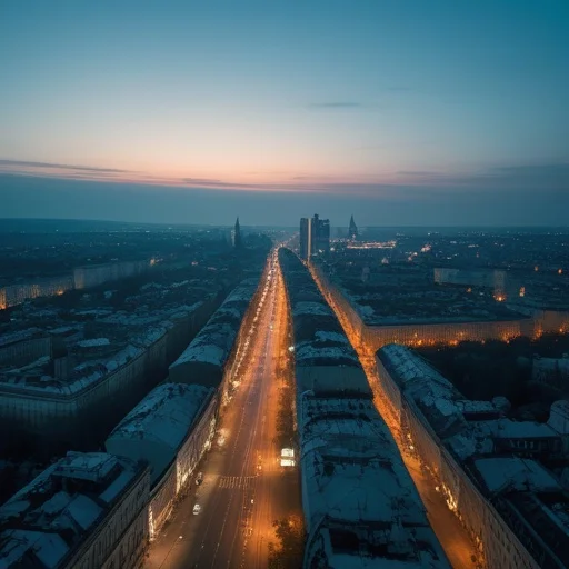 Megyeút vagy városi főút megvilágított éjszakai széles látképe világító közlekedési lampákkal és távoli város siluettjével a horizonton.