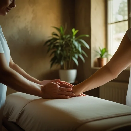 Terapeuta masszázst végez egy beteg hátán világos szobában, ahol zöld növény és ablak látható a háttérben.
