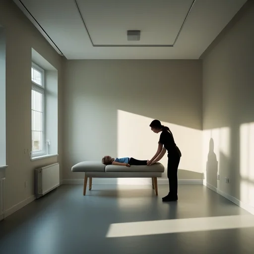 Fiziotherapeuta vagy orvos vizsgálatot végez egy betegenként fekvő férfin a világos, minimalist klinikai szobában.