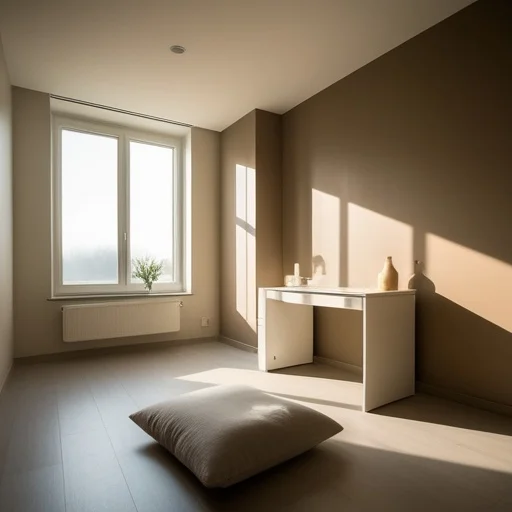 Minimalist szoba természetes fénnyel, nagy ablakokkal, fehér bútorokkal és szürke párnával a padlón.
