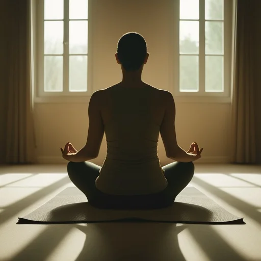 Meditáló férfi lótuszülésben egy világos szobában két ablak között, jógaszőnyegen.