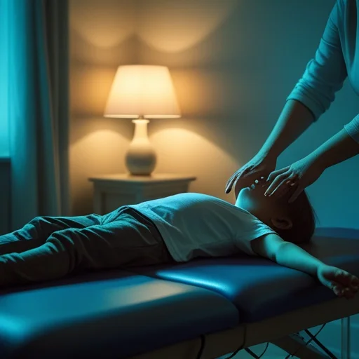 Masszőr kezei között fekvő beteg a gyengén megvilágított szobában, ahol meleg fényben világít az éjjeliszekrényen egy lámpa.