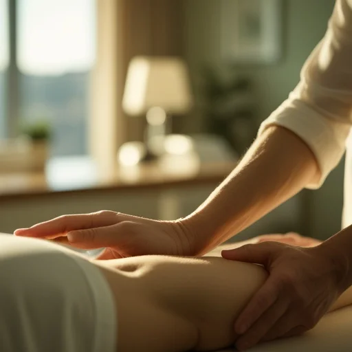 Masszőr kezei gyengéd nyomást gyakorolnak egy ülő személy vállára, meleg világításban berendezett wellness szalonban.