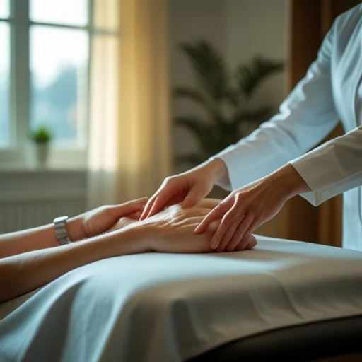 Masszőr kéz-kezelést végez egy kliens karján világos, természetes fénnyel árvált wellness szobában.