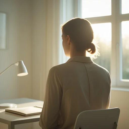 Női munkavállalótól hátrafelé nézve ül az asztalnál egy laptoppal és jegyzetfüzettel, ablak felé néz a napfényes irodában.