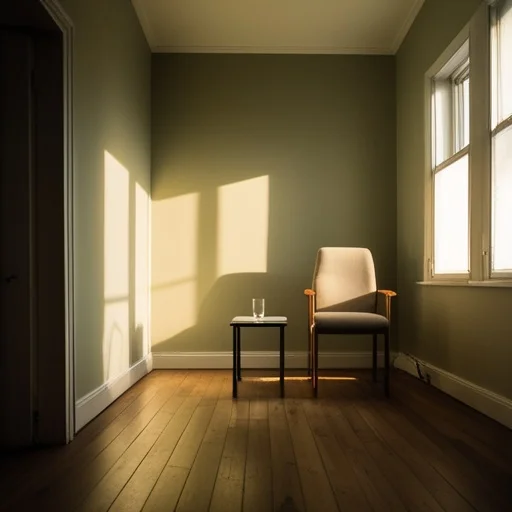 Világos napfény által megvilágított minimalist szoba fa padlóval, krém színű fotel mellett egy kis fekete asztallal, ablakból beáramló fénnyel.